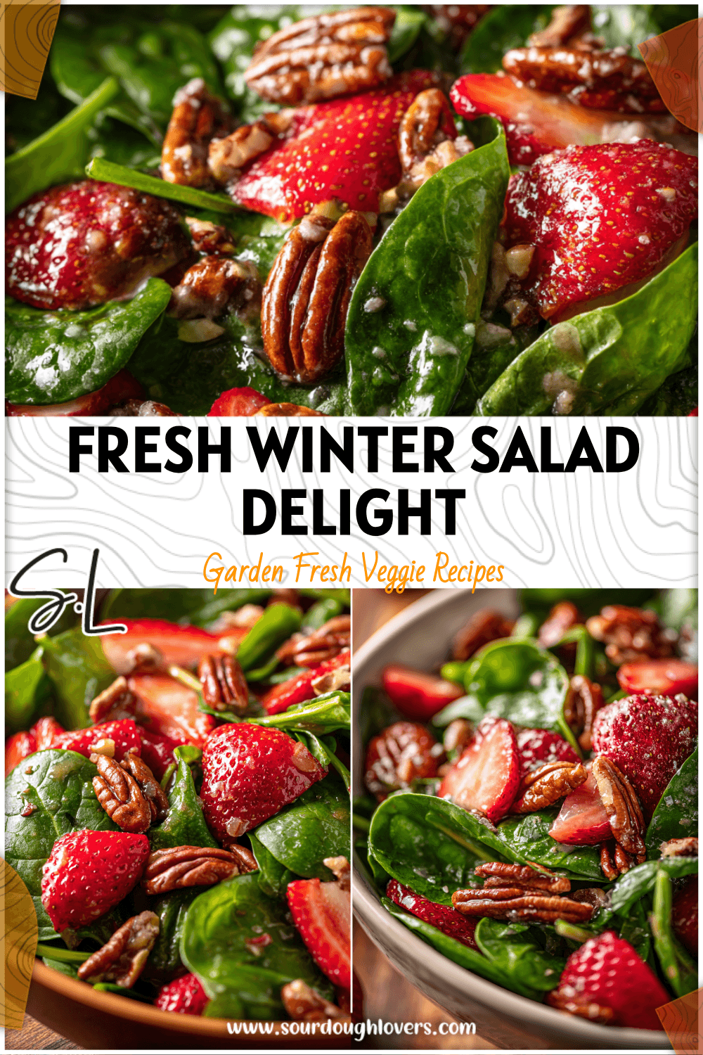 Bowl of fresh spinach and strawberry winter salad topped with pecans and light dressing